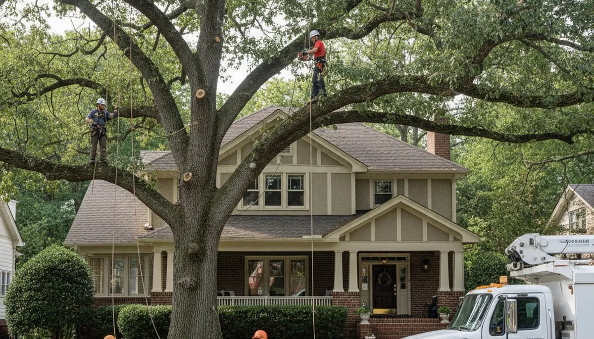 Tree service crew in Atlanta, GA removing a tree for safe residential property maintenance