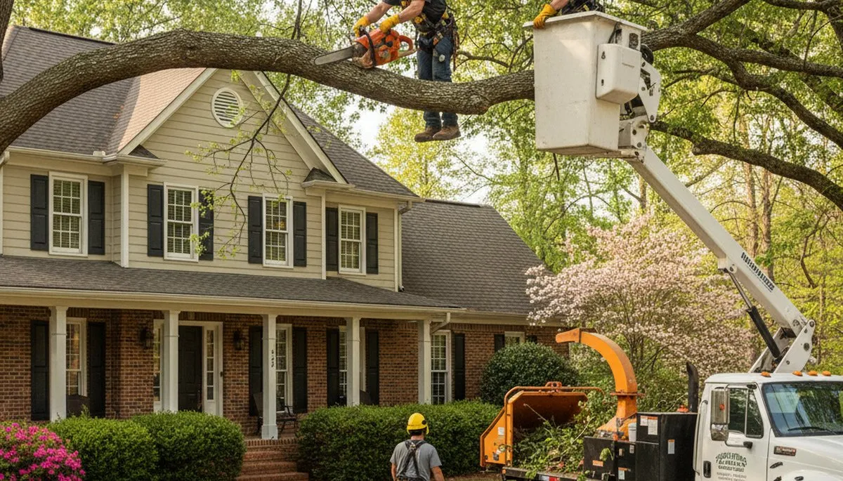 Tree service crew in Atlanta, GA performing safe tree removal for a residential property