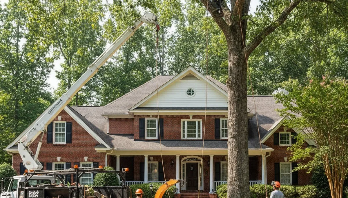 Atlanta, GA tree service crew removing a tree with professional equipment on a residential property